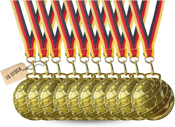 Carlso Goldmedaillen Set, 10 Stück, mit Dreifarbigem Band, 50mm Durchmesser, für Geburtstag Turnier, Mitgebsel, Fussballmedaille, Fussball Medaillen, Preis (FUSS3, 10)